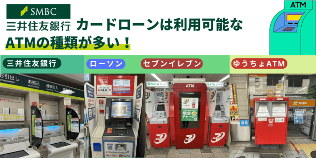三井住友銀行のATM以外にもファミリーマート・ローソン・セブンイレブンといったコンビニATM、ゆうちょATMで借入や返済が可能